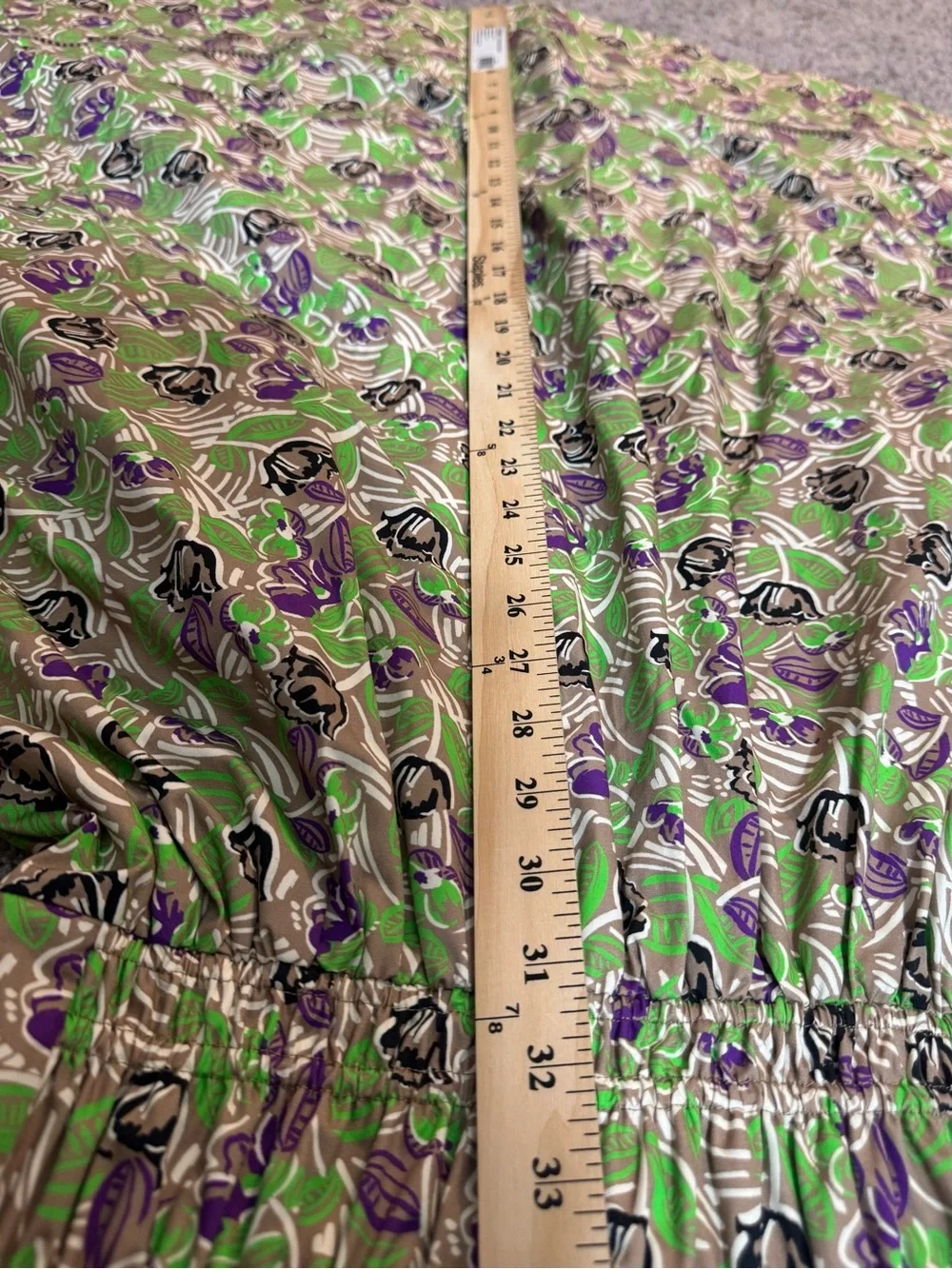 Tory Burch Floral Print Smocked Waist Midi Poplin Dress Green Size XS S